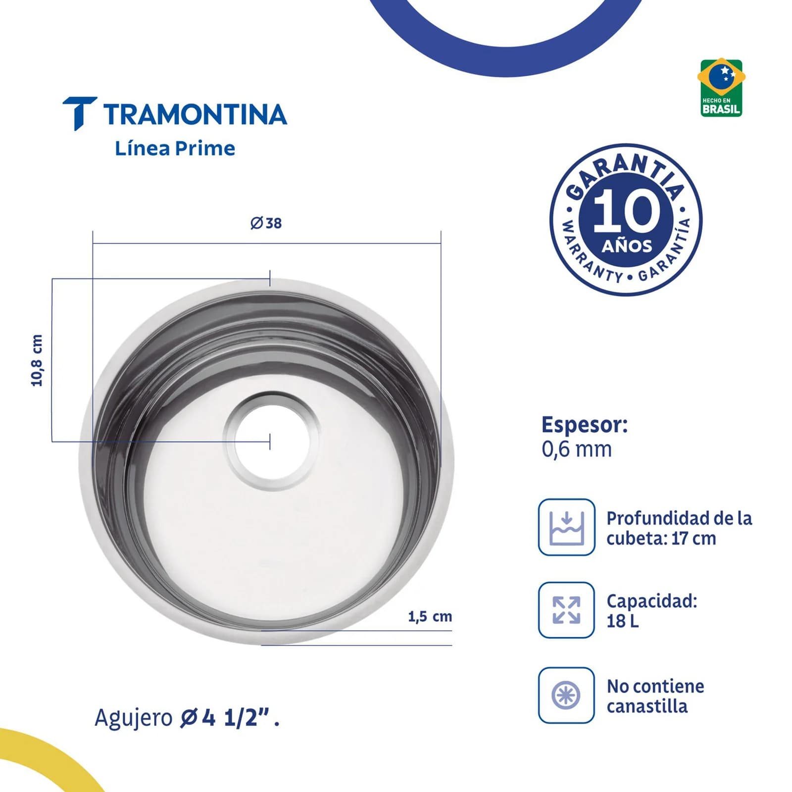 Lavaplatos Redondo Tramontina Acero Inoxidable Alto Brillo 38x17 cm