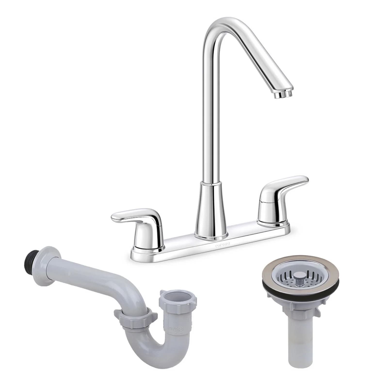 Conjunto Grifería Lavaplatos Mezcladora Corona Aluvia 8 Pulgadas Sobreponer Palanca Cromado