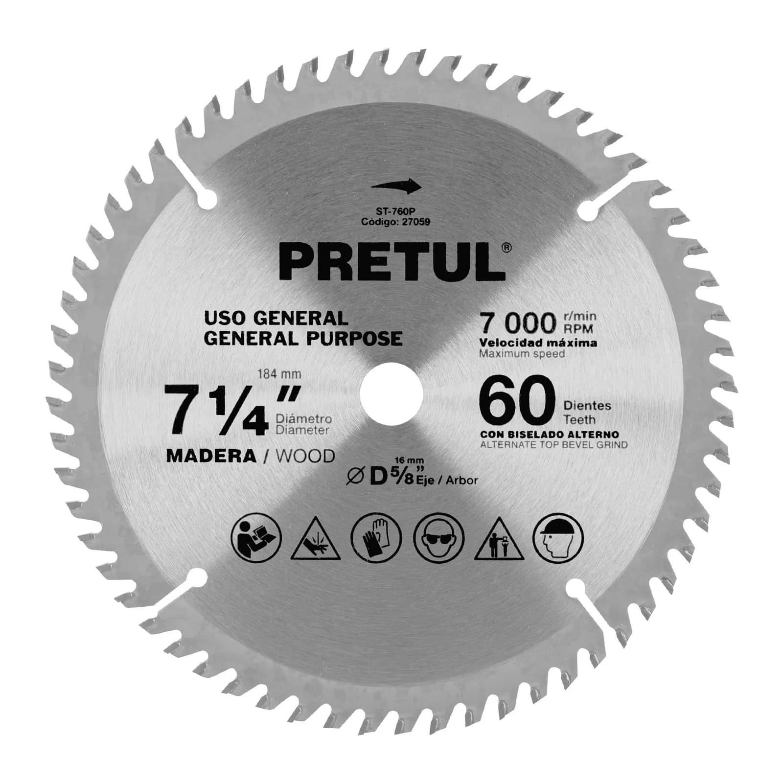 Disco Sierra Circular Pretul Madera 7-1/4 Pulgadas Centro 5/8 60 Dientes